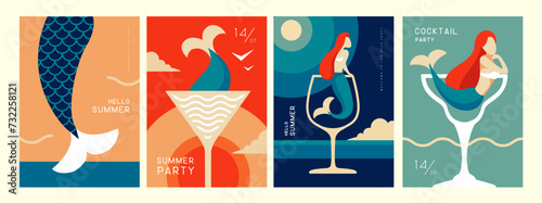 Set of retro summer posters with summer attributes. Cocktail cosmopolitan silhouette, mermaid and sea. Vector illustration photo