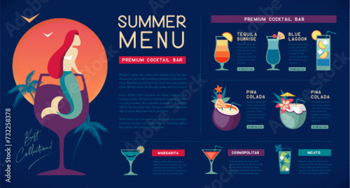 Retro summer restaurant cocktail menu design with mermaid in cocktail glass. Vector illustration photo