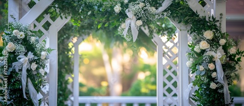 The building with a white gazebo is adorned with flowers, greenery, and shrubs, creating a stunning setting for a wedding ceremony.