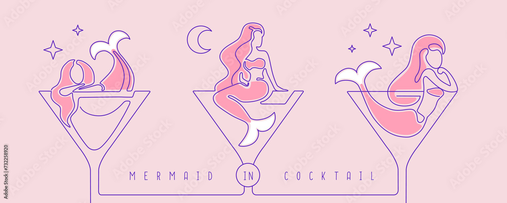 Continuous line vector illustration of mermaid in cocktail glass