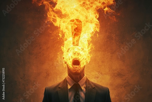Metaphor for Burnout Syndrome. Businessman with a flaming exclamation mark in place of his head