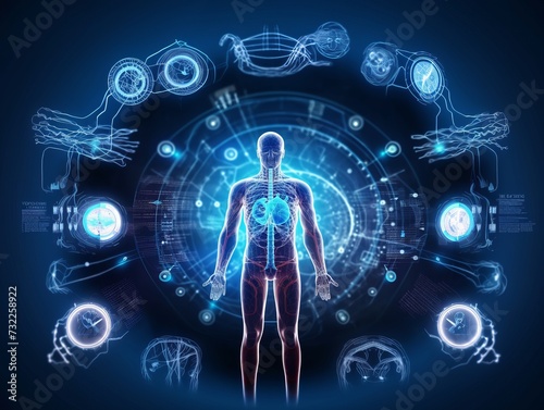 Healthcare futuristic scanning in HUD style design, Human body, organs and brain scan with pictures. Hi-tech elements. Virtual graphic touch HUD UI.
