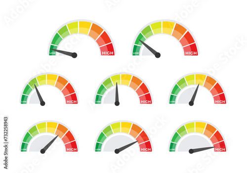 Speedometer set, gauge meter. Speed dial indicator. Scale, level of performance. Score progress. Vector illustration