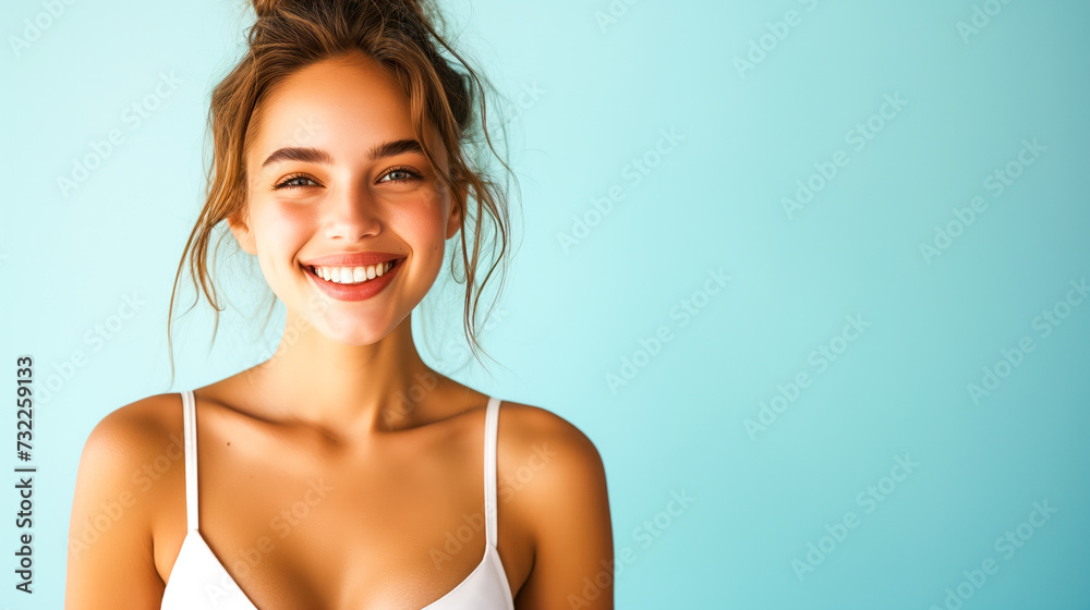 Smiling sporty woman in white bikini posing on studio background with copy space Smiling sporty woman in white bikini posing on studio background with copy space