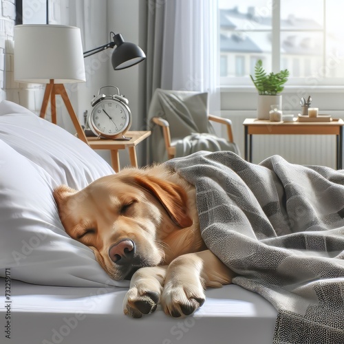 A dog sleeping in a white bed at home