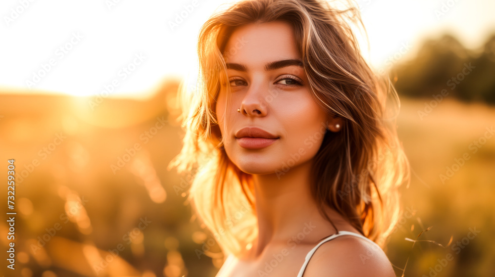 A woman's confidence and beauty in the soft, natural light of the golden hour A woman's confidence and beauty in the soft, natural light of the golden hour