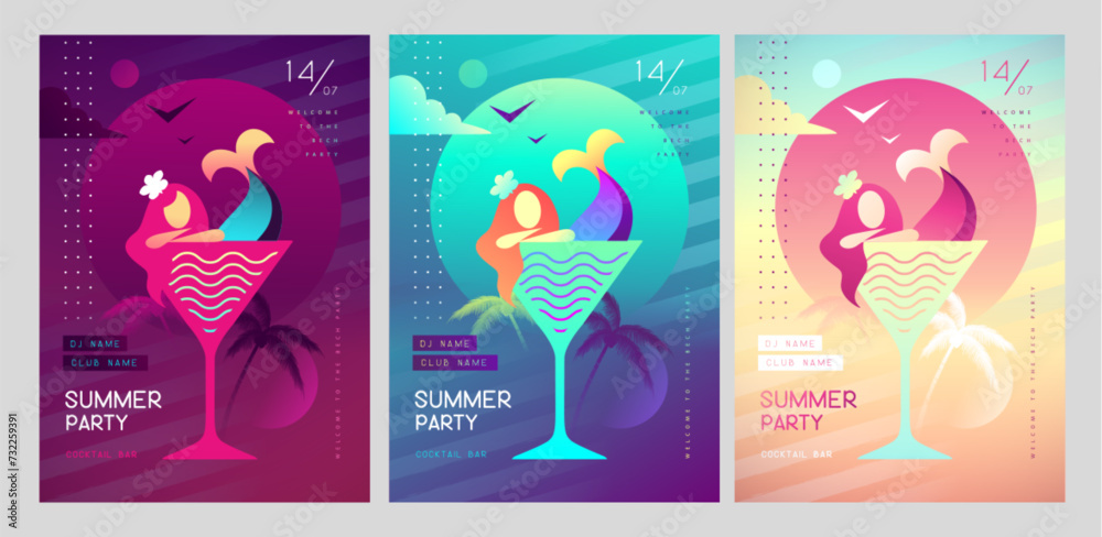 Set of Colorful summer disco party posters with mermaid in cocktail glass. Summertime backgrounds. Vector illustration