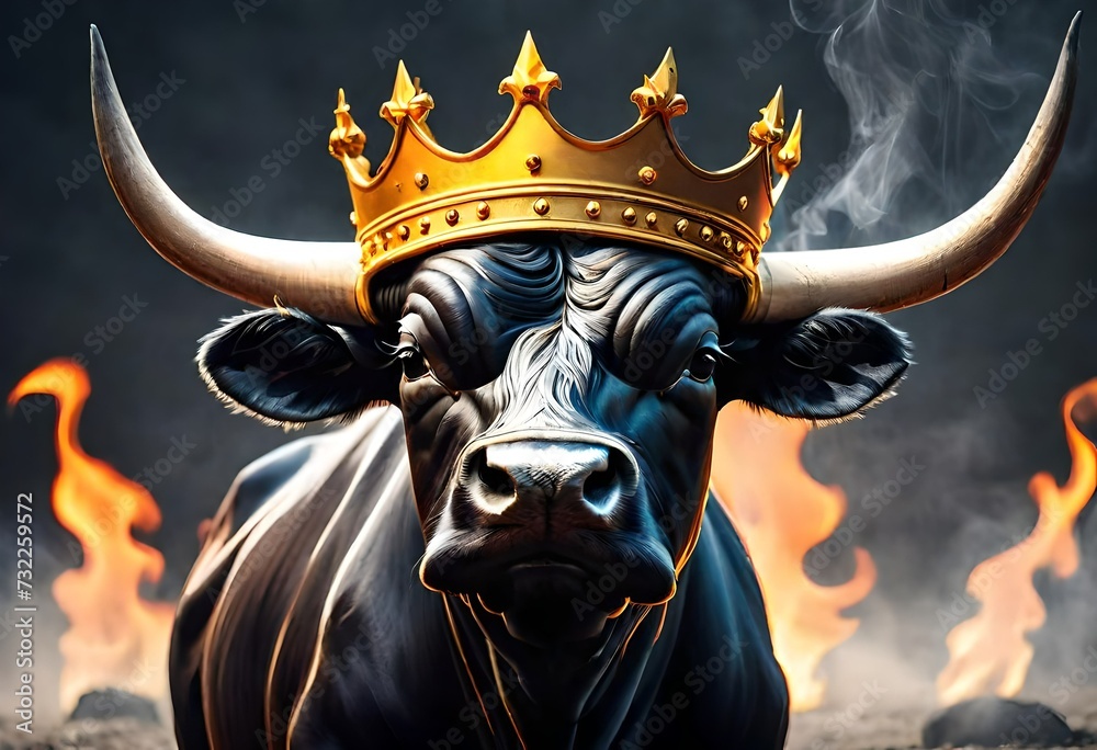 A digital illustration of a regal strong bull wearing a gold king's crown. 