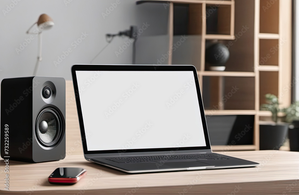 Fototapeta premium white screen desktop computer in minimal office room with decorations and copy space