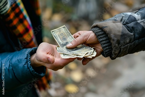 Hand of a person offering money to a poor and homeless man to assist his hunger. Concept of charity, encouragement, and sharing