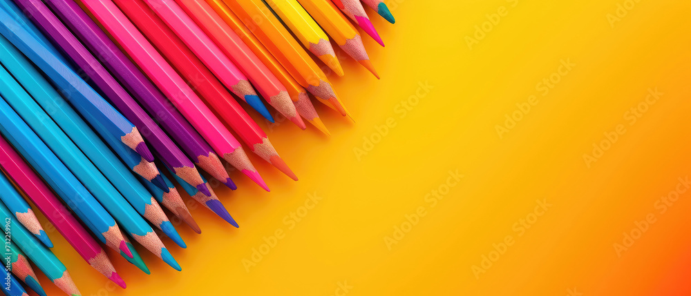 Pencils colorful arrangement on a plain yellow background banner copy space area for text Pencils colorful arrangement on a plain yellow background banner copy space area for text