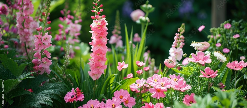 Obraz premium A variety of pink flowers, including Flowering plants, Groundcovers, and Terrestrial plants, adorn the garden with their vibrant magenta petals.