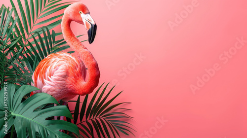 Pink Flamingo Bird in Water Park: Illustration of Cute Flamingo Amidst Nature's tropical plant Love, Isolated pink pastel Art #732259920