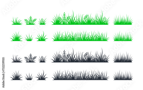 Set of green and black grass silhouettes with different lengths and flower buds, suitable for environmental and landscape designs