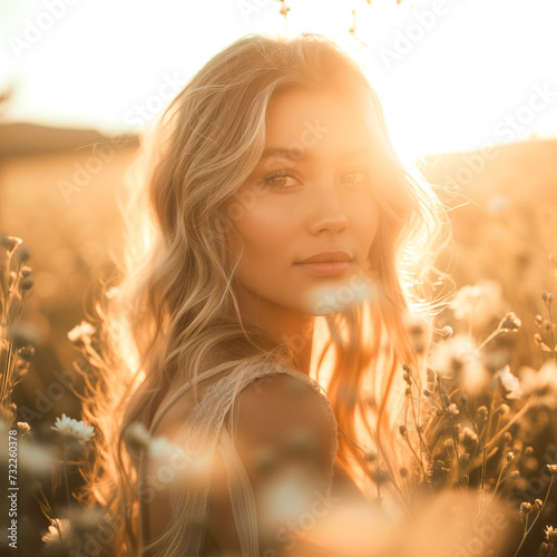 A woman surrounded by the soft glow of nature's golden hour, emphasizing the gentle lighting and creating a serene, © Graphic Master