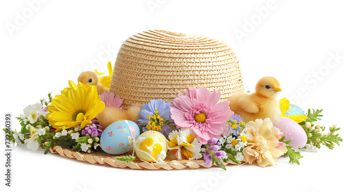 A charming straw hat adorned with Easter decorations, including colorful flowers, cute chicks, and pastel Easter eggs Isolated on a white background