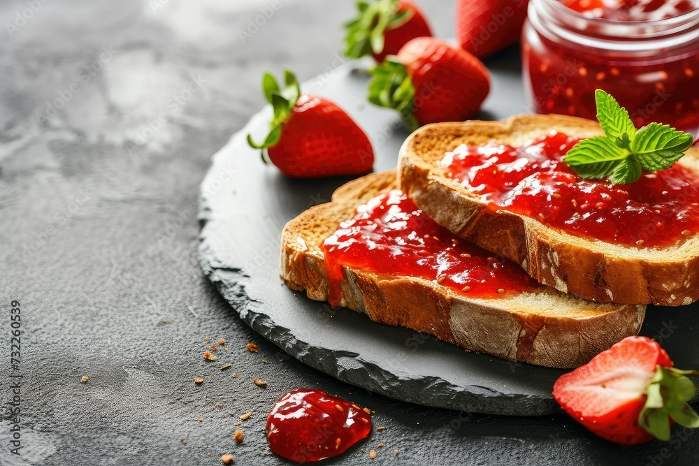 Close-up of toast with homemade strawberry jam on table, copy space. Close-up of toast with homemade strawberry jam on table, copy space.