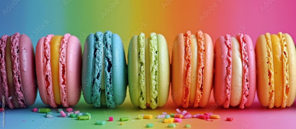 A visually captivating image showcasing a row of colorful macarons with sprinkles, set against a vibrant rainbow background.