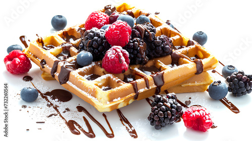 Beautiful and delicious snacks - waffles adorned with luscious cream and a variety of fruits isolated on a white background
