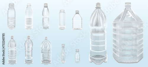 Empty plastic bottles. Realistic transparent container for water or liquids, isolated 3D mockups for advertising.