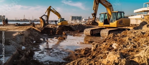 Large dredging excavators take out soil in the port area photo