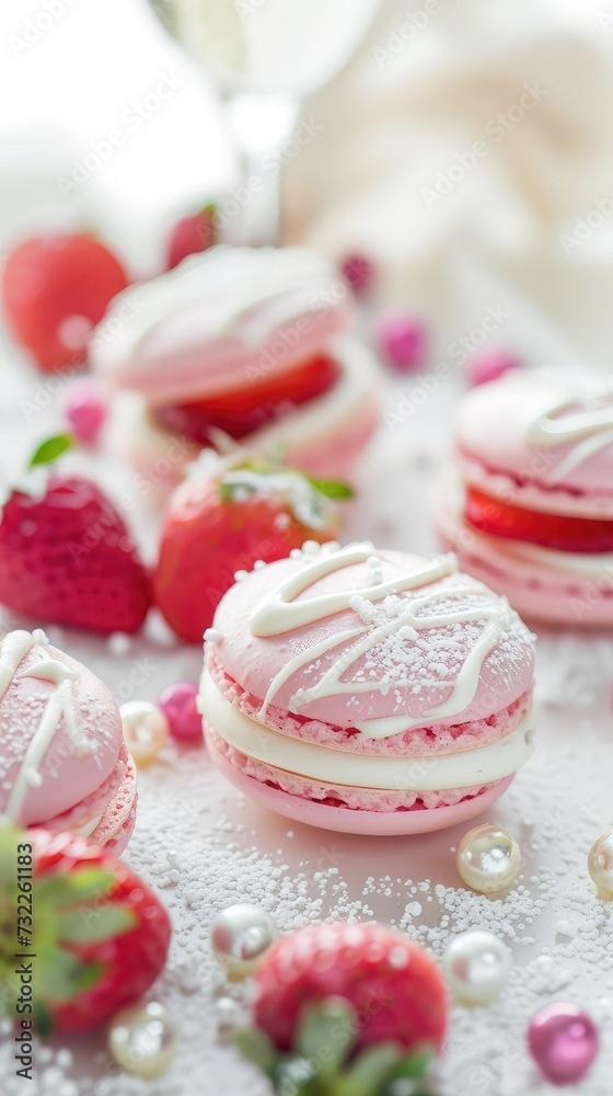 Strawberry macarons filled with a luscious strawberry ganache with white chocolate drizzle and dusted powdered sugar. Strawberry macarons filled with a luscious strawberry ganache with white chocolate drizzle and dusted powdered sugar.