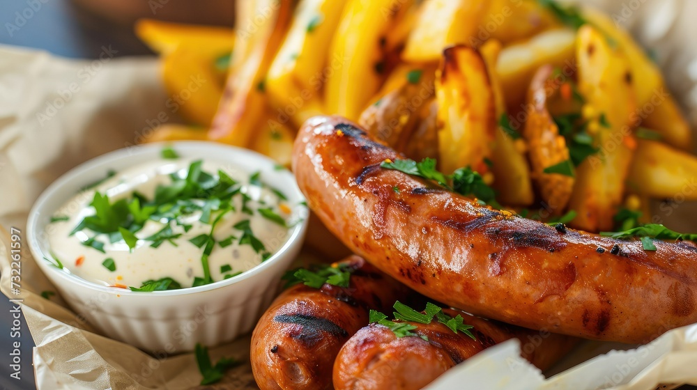 Pork sausage platter on wooden background with copy space.