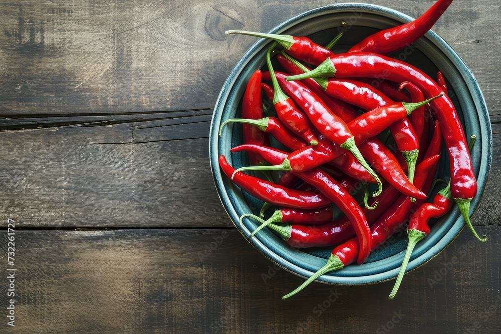 Red chili peppers shot from above on rustic wooden table. Red chili peppers shot from above on rustic wooden table.