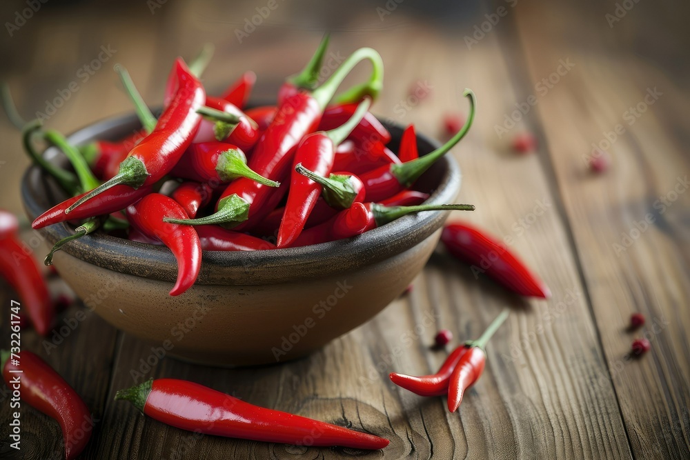 Red chili peppers shot from above on rustic wooden table. Red chili peppers shot from above on rustic wooden table.