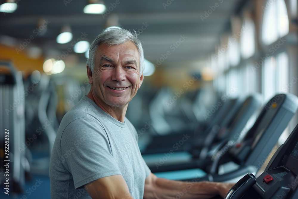 Fototapeta premium An active elderly man engaging in exercise by running on a treadmill