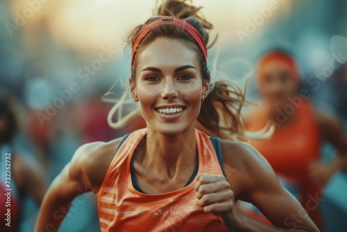 Triumphant female runner at a race, energy and determination visible