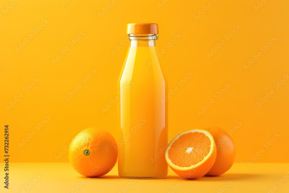 bottle of orange juice on a table with an orange background, with empty space for text bottle of orange juice on a table with an orange background, with empty space for text