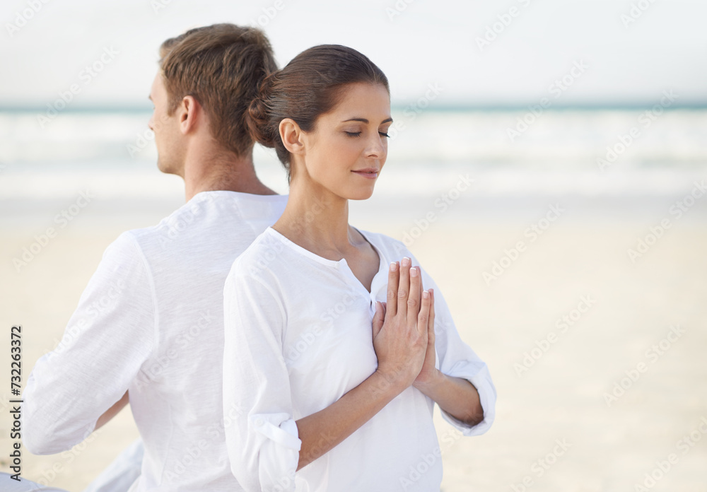 Couple, yoga and sea with meditation, summer and waves on sand in morning with mindfulness outdoor. Man, woman and peace for namaste with spiritual growth, balance and zen at beach in Cape Town