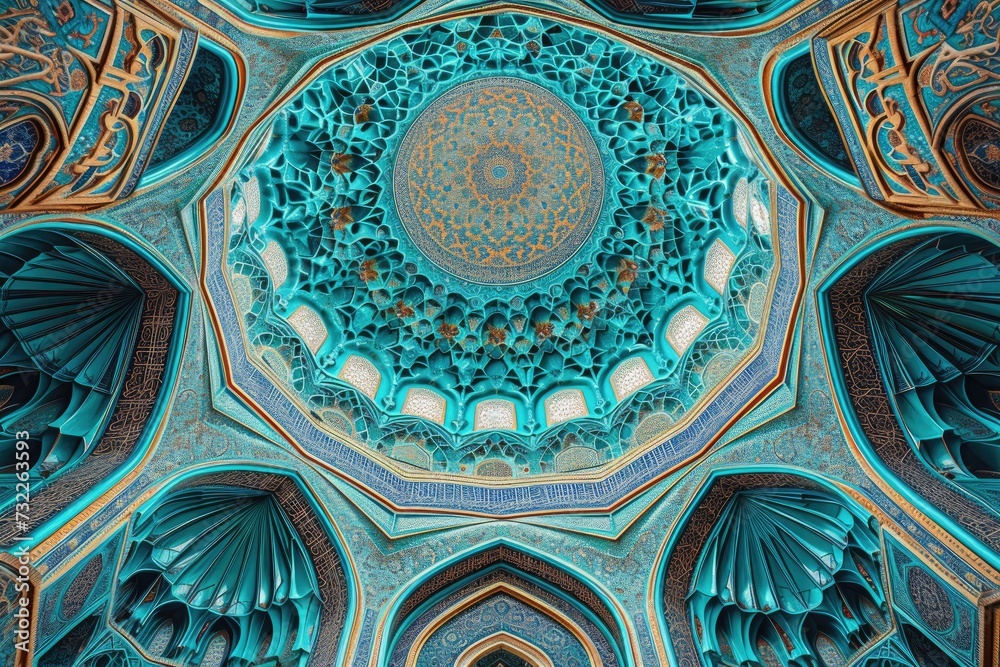 Detailed Islamic ornaments decorate the ceiling of the mosque dome