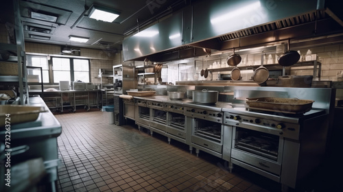 Restaurant kitchen with professional equipment