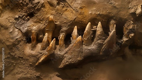 A set of fossilized teeth embedded in a bone suggesting scavenging behavior in a previously unknown carnivorous dinosaur species. photo
