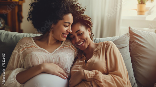 Married happy lesbian couple expecting a baby, pregnant lesbian couple smiling and embracing each other in living room photo