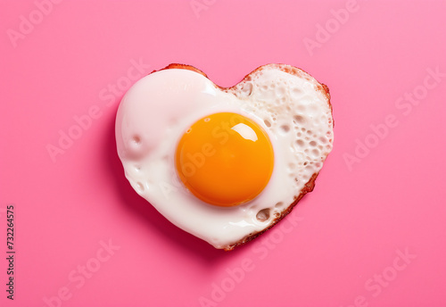 Heart-shaped fried egg against a vivid pink background. Generative AI