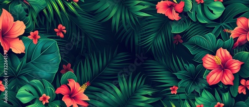 Tropical Floral Seamless Pattern Background, Exotic Flowers, Palm Leaves, Jungle Leaf, Botanical Wallpaper © MdKamrul