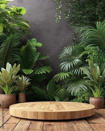 Wooden Product Display Podium with Nature Leaves, Empty Platform for Presentations.