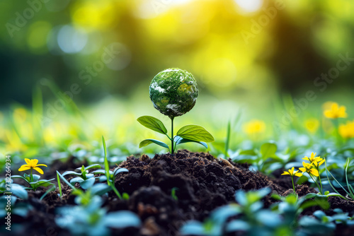 Earth Sapling Sprouting in Soil - Environmental Conservation, A young plant sprouting from a globe in fertile soil symbolizes hope and the growth of environmental conservation efforts.