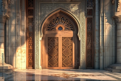 Illustration of a beautiful mosque entrance. The mosque is decorated with Islamic patterns. © MrHamster