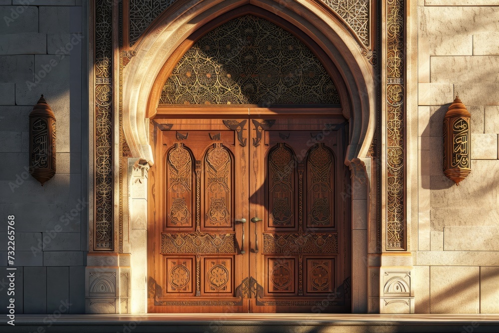 Illustration of a beautiful mosque entrance. The mosque is decorated with Islamic patterns.