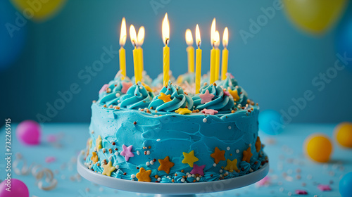 Birthday cake with burning colorful candles on paste