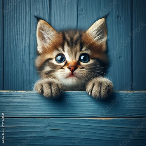 Kitten head with paws up peeking over blue wooden background