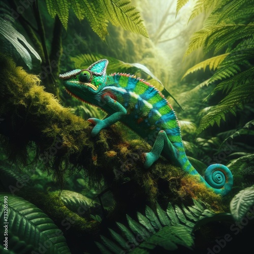 In a lush rainforest, a chameleon boldly displays its vibrant colors, blending seamlessly with the foliage. © robfolio