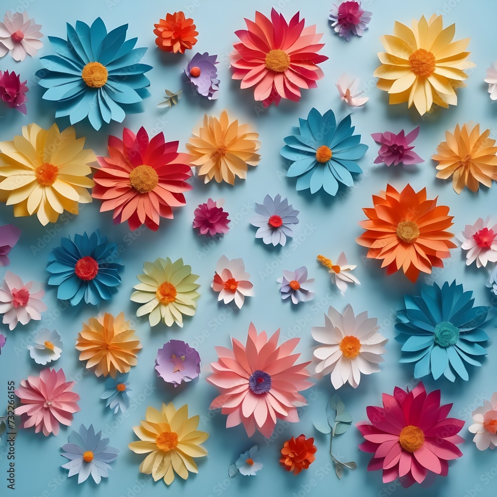 Colourful handmade paper flowers on light blue background with copyspace in the center Colourful handmade paper flowers on light blue background with copyspace in the center