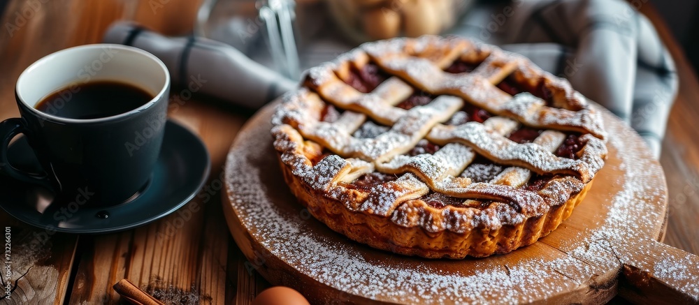 A comforting dessert of pie sits on a wooden cutting board alongside a cup of coffee, creating a delicious combination of flavors. A comforting dessert of pie sits on a wooden cutting board alongside a cup of coffee, creating a delicious combination of flavors.
