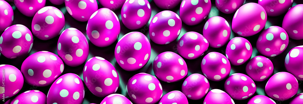 Flat lay composition with pink Easter eggs with polka dots banner. Pattern made of decorated eggs. Top view Happy Easter holiday greeting card concept. Top view, flat lay, copy space Flat lay composition with pink Easter eggs with polka dots banner. Pattern made of decorated eggs. Top view Happy Easter holiday greeting card concept. Top view, flat lay, copy space
