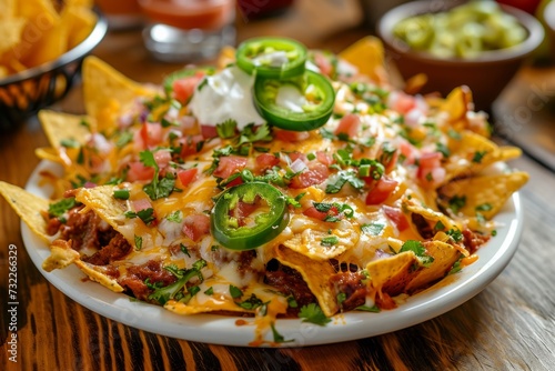 Plate filled with nachos, cheese, and jalapeno peppers